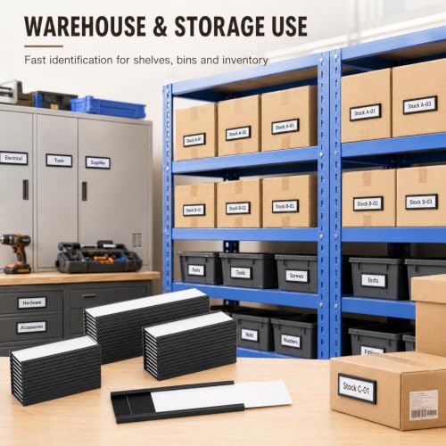 CYEAH 100 Pack Magnetic Label Holders, 1 x 3 Inch C-Channel Magnetic Data Card Holders with Paper Inserts and Clear Plastic Protectors for Metal Racks, Shelves, File Cabinets and Lockers