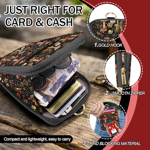 Daily Carry Roomy Leather Zipper Lanyard Wallet for Women, Adjustable Lanyard with ID Holder, RFID Badge Holder, Wristlet, 3 Clear Multiuse Card, 2 Key Ring, 1 Phone Strap for Teacher Office - color: Squirrel Mushroom