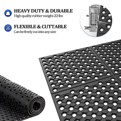 ROVSUN Rubber Floor Mat with Holes, 3x10 FT Hollow Large Mat Roll, Anti-Fatigue/Non-Slip Drainage Mat, for Industrial Kitchen Restaurant Bar Bathroom, Indoor/Outdoor Cushion - size: 35.4"L x 118"W x 0.4"Th