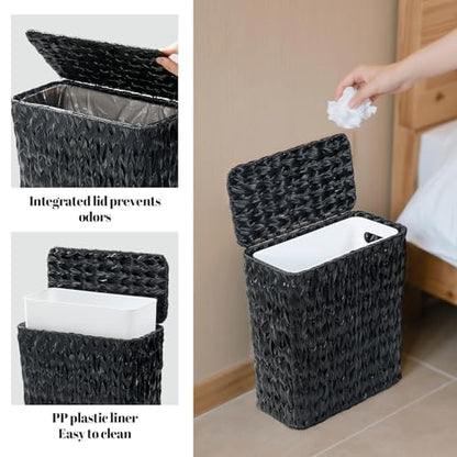 Wicker Trash Can with Lid & Liner, Small Bathroom Waste Basket, Black - color: black