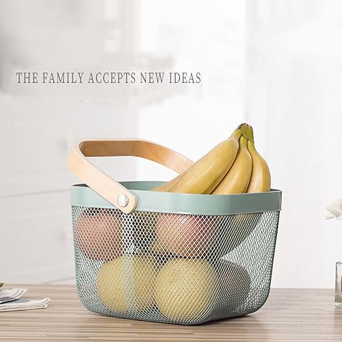 AJIODA Metal Mesh Steel Basket, Storage Organizer Basket Multi-functional Hanging Kitchen Basket Fruit Basket Bin with Bamboo Handle, 9.84 x 10.2 x 7 inch, Mint Green - color: Mint Green