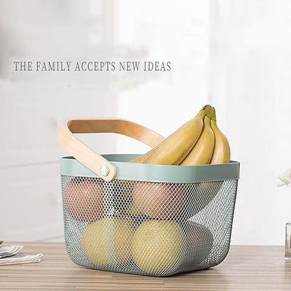 AJIODA Metal Mesh Steel Basket, Storage Organizer Basket Multi-functional Hanging Kitchen Basket Fruit Basket Bin with Bamboo Handle, 9.84 x 10.2 x 7 inch, Mint Green - color: Mint Green