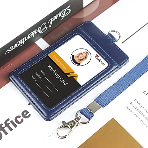 Teskyer Badge Holder with Lanyard, Leather ID Name Badge Card Holder with Lanyard for ID Badges, Vertical Blue - color: Blue, size: Vertical