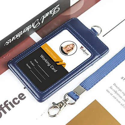 Teskyer Badge Holder with Lanyard, Leather ID Name Badge Card Holder with Lanyard for ID Badges, Vertical Blue - color: Blue, size: Vertical
