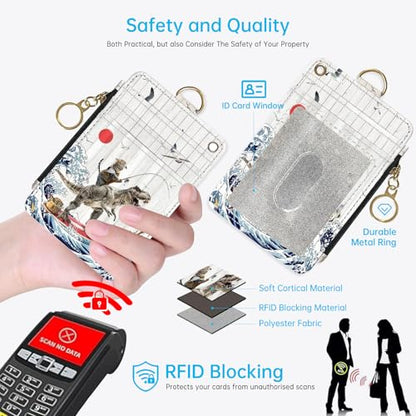 Funny Cat Riding Dinosaur Fishing 2-in-1 ID Badge Holder & Lanyard Wallet for Teachers,Nurse,Professionals-Cute Zippered Coin Pouch,Removable Wristlet & Neck Lanyard,5 Card Slots Stylish Work - color: Funny Cat Riding Dinosaur Fishing