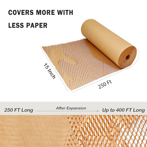 Honeycomb Packing Paper Wrap 15" x 250' Cushioning Packing Material for Moving Dishes Eco-Friendly Wrapping Paper for Glass Moving Protective Paper Bubble Wrap with 20 Fragile Stickers - size: 15" x 250 Ft