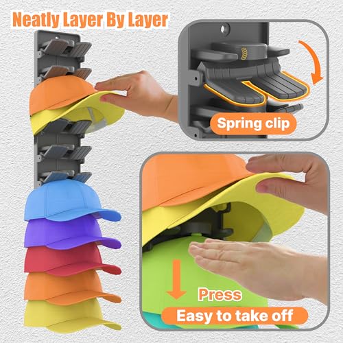 Hat Organizer for Baseball Caps 2 Packs with Built-in Spring Clips - Wall Mount Closet Hat Rack Holder,Storage for Door/Closet Display Hat Racks Hanger (Strong Adhesive & Screws) Matte Black.