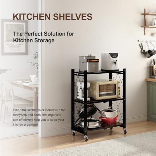 3 Tier Folding Shelf with Wheels, Wood and Metal Bookshelf - color: Brown Wooden, size: 3 Tier