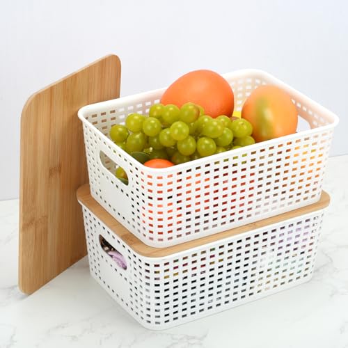 Stackable Storage Bins with Bamboo Lids, 6-Pack, BPA-Free Plastic, 5.1 Qt Capacity, Side Handle, 10x7.2x4.13 Inch, for Home Organization