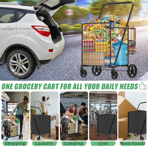Heavy Duty Folding Shopping Cart with 360° Swivel Wheels, Super Jumbo - size: Super Jumbo-Black 31Gal