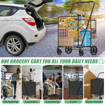 Heavy Duty Folding Shopping Cart with 360° Swivel Wheels, Super Jumbo - size: Super Jumbo-Black 31Gal