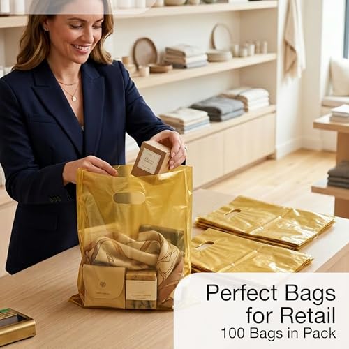 Choice Marts 100 Gold Plastic Bags With Handles 12x15 Merchandise Bags - color: Gold
