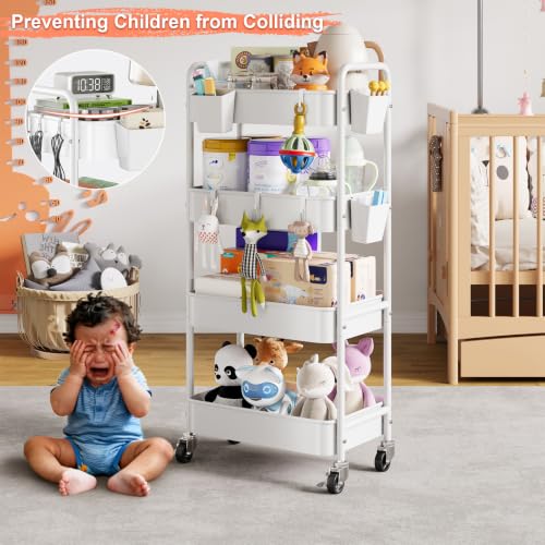 4 Tier Rolling Storage Cart Metal with Wheels, 37in Heavy Duty Roller Carts - color: Light White, size: 4 Tier + Cups + Hooks