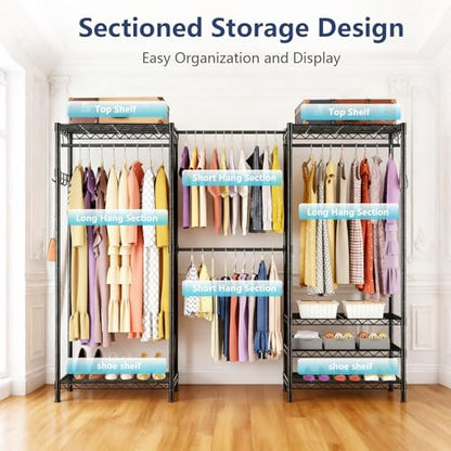 Heavy Duty Closet Garment Rack, Metal Clothes Racks Wardrobe with Shelf - color: Black