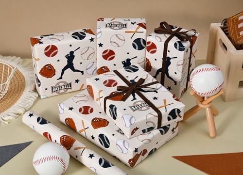 Sikiweiter Baseball Wrapping Paper Roll - 17" x 16.5 ft - Sports Themed Gift Wrap with Baseballs, Bats, Gloves & Player Silhouettes for Birthdays, Team Celebrations, and Baseball Fans(Baseball) - color: Baseball