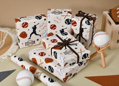 Sikiweiter Baseball Wrapping Paper Roll - 17" x 16.5 ft - Sports Themed Gift Wrap with Baseballs, Bats, Gloves & Player Silhouettes for Birthdays, Team Celebrations, and Baseball Fans(Baseball) - color: Baseball