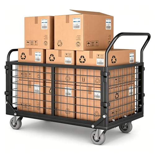 5-in-1 Folding Platform Truck, Cage Truck, 1800LBS Heavy-Duty Utility Cart & Industrial Push Cart Dolly, U-Boat Trolley, Folding Flatbed Trolley, Steel Base for Garage, Grocery, Laundry, Storage - color: Black