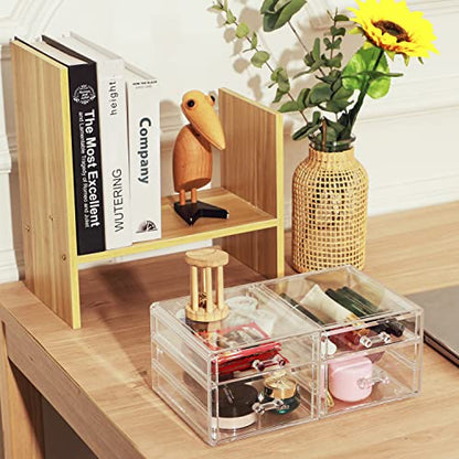 Cq acrylic Makeup Organizers with 4 Drawers,Rectangular Office Stationery Supplies Plastic Clear Storage Containers,Stackable Acrylic Drawers Suitable for Office,School,Home desk organizer - size: 2 Small Drawers, 2 Medium Drawers