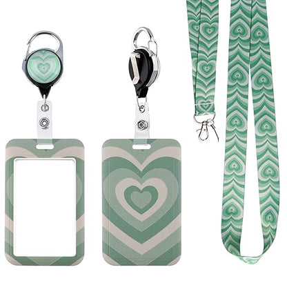 Cute Green Heart Lanyard with ID Badge Holder Retractable Reel Clip Aesthetic Valentines Girls Women Lanyard with ID Card Holder for Keys Preppy Neck Lanyard for School Office - color: Green Heart