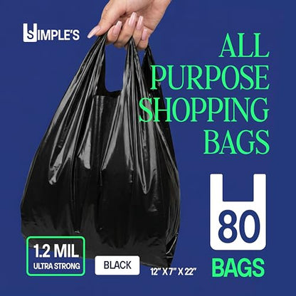 Simple's Black Plastic T-Shirt Bags with Handles – 80 Count – 12"x7"x22" – 1.2 Mil – Grocery & Retail - color: Black, size: 1 Pack = 80 Bags
