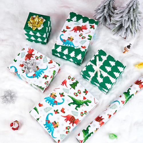 WERNNSAI Dinosaur Christmas Wrapping Paper Jumbo Roll 33 ft Green Dino Kids - color: Christmas Dinosaur C