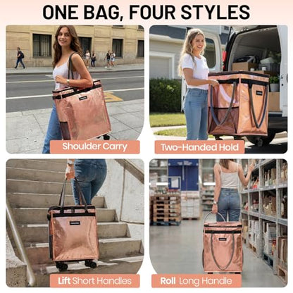 Fanwoli Reusable Grocery Bag on Wheels, 66L Upgraded Fabric - color: Pink - B, size: Medium