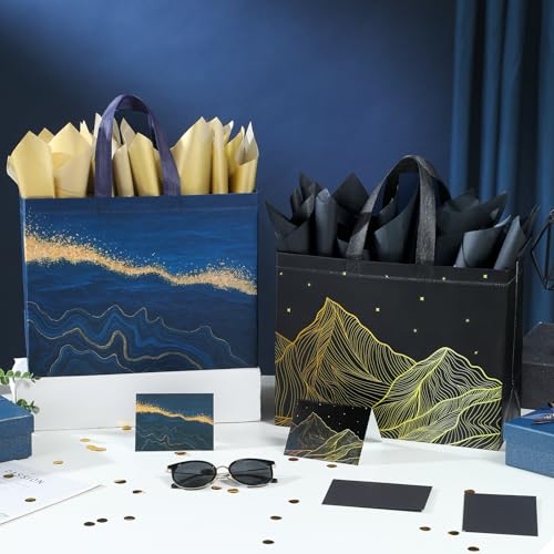 STYPOP 13" Large Gift Bags with Tissue Paper, 2 Pack Reusable Non-woven Happy Birthday Gift Bag with Handles, Perfect Gifts for Men & Women (Black, Blue). - color: A-Bags-2