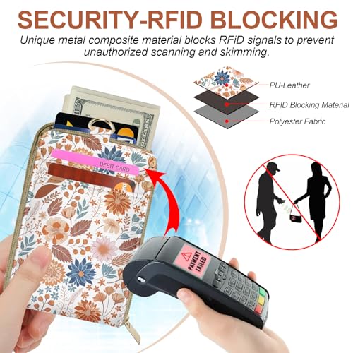 Floral Lanyard Wallet & ID Badge Holder, Cute RFID Women ID Badge Wallet for Women, Credit Card Holders with Zipper Pocket Keychain Phone Lanyard Wrist Strap for Teacher Nurse Gifts, Autumn Flowers - color: Autumn Flowers Leaves