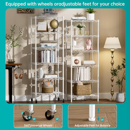 SINGAYE 6 Shelves Storage Shelf Wire Shelving Unit Metal Adjustable Wheels - color: White, size: 6Tier/11.5"D X 17.5"W X 61.5"H