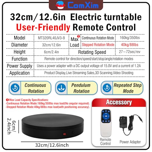 12.6Inch/350lbs Capacity Electric Motorized Turntable,Remote Rotating Display Stand ,Large Rotating Platform,Photography Turntable,Heavy Duty Display Turntables for Photography,3D Scanner,Exhibition - size: 12.6inch/Black/350Lbs Load