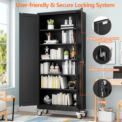 pozdeg 75" Black Lockable Rolling Metal Garage Storage Cabinet - color: Black, size: 15.75"D x 31.5"W x 75"H