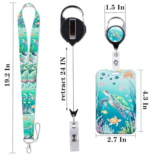 Cute Ocean Lanyard Badge Holder for Girls Kids Glitter Turquoise Turtle Retractable ID Badge Reel Clip for Cruise Card Lanyard Preppy School Nature Teacher - color: Sea Turtle