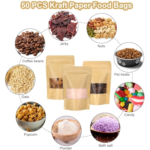 50 Pack Kraft Resealable Bags with Window for Storage (6 x 8.1 Inches) - size: 6 x 8.1 Inches