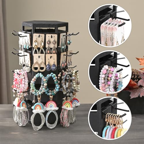 Ikee Design Wood Rotating Jewelry Display Tower for Keychains & Earrings - color: 6 side, Black, 60 hooks