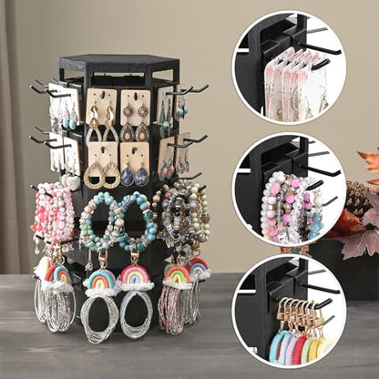 Ikee Design Wood Rotating Jewelry Display Tower for Keychains & Earrings - color: 6 side, Black, 60 hooks