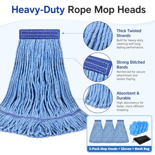 3 Pack Commercial Mop Heads with Mesh Laundry Bag & 16 Disposable Gloves - size: 3 Pack