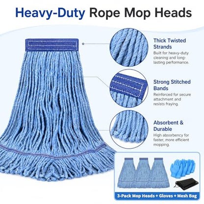 3 Pack Commercial Mop Heads with Mesh Laundry Bag & 16 Disposable Gloves - size: 3 Pack
