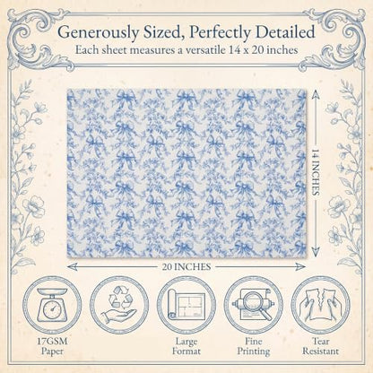 LIAPAWPAW Blue Bow Floral Tissue Paper for Gift Bags, 60 Sheets 20x14 Inch - color: Blue Bow & Floral Toile
