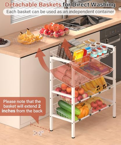 4-Tier Fruit and Vegetable Storage Rack, Freestanding Snack Stand Shelf with 8 Removable Baskets, Small Kitchen Island for Pantry Floor Organization, White