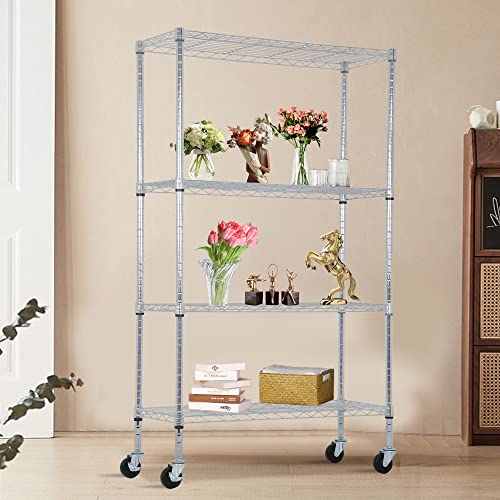 BestOffice | 4-Tier Wire Shelf with Wheels | 36" x 14" x 62" | Chrome - color: Chrome, size: 36"D x 14"W x 62"H
