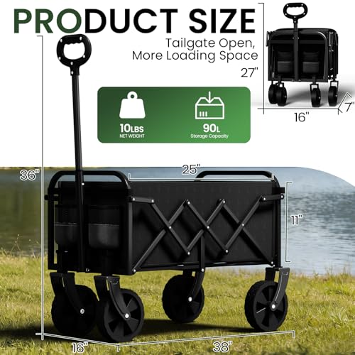 Foldable Wagon, Collapsible Wagon with Wheels, Small Wagons Cart with Flexible Handle, Portable Grocery Utility Wagons for Camping, Garden, Sports, Black