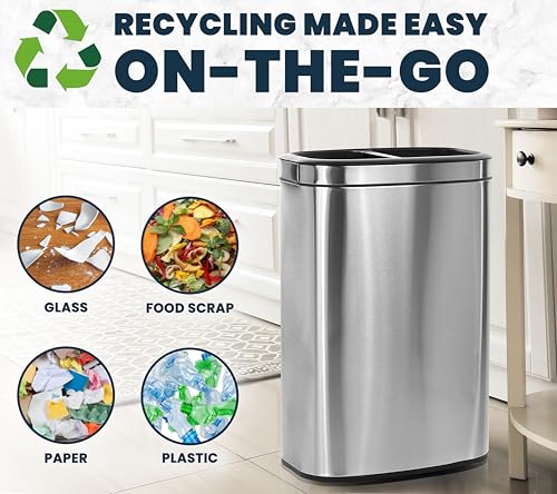 Alpine 40 Liter / 10.5 Gal Slim Dual Trash Can and Recycling Bin - Modern Stainless Steel Double Garbage Can, Two Compartment Trash Can Open Top, Removable Lid & Liners for Kitchen, Office, Bathroom
