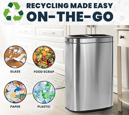 Alpine 40 Liter / 10.5 Gal Slim Dual Trash Can and Recycling Bin - Modern Stainless Steel Double Garbage Can, Two Compartment Trash Can Open Top, Removable Lid & Liners for Kitchen, Office, Bathroom