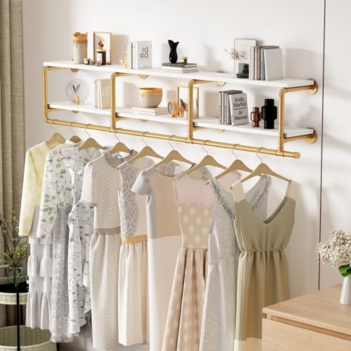 ORSENIGO Industrial Pipe Clothing Rack with Shelves, Gold Wall Mounted Clothes Rack for Home Retail - size: 63 x 9.84 x 9.65