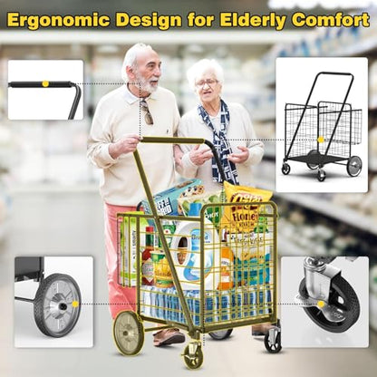5.7 Cu Ft Folding Shopping Cart - 600 LB Capacity Grocery Cart with 360° Braked Swivel Wheels - Heavy Duty Utility Cart with Double Basket & Removable Waterproof Liner with Lid for Laundry - color: Black