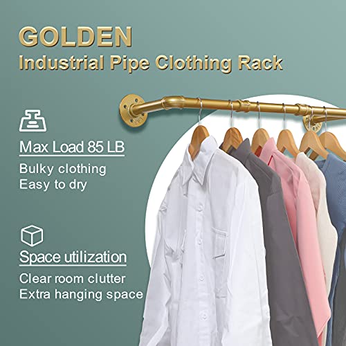 Industrial Pipe Gold Clothing Rack, 30 Inch Wall Mounted Golden Clothes Rack, Industrial Pipe Clothes Hanger Rack, Iron Golden Pipe Clothes Hanging Bar, Heavy Duty Metal Rod for Retail Display Laundry - color: Gold