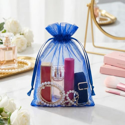 FUNFERY 100Pcs Royal Blue Organza Bags 5x7, Small Mesh Drawstring Gift Bag - color: Royal Blue