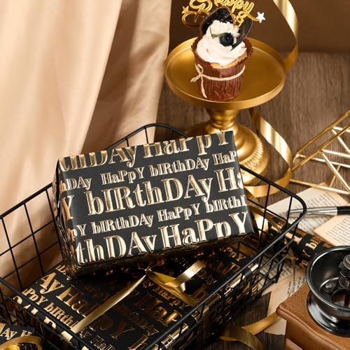 WRAPAHOLIC 3D Kraft Birthday Wrapping Paper Roll - Mini Roll - 17 Inch x 16.5 Feet - Gold and Black Happy Birthday Lettering Design with Embossed Perfect for Holiday, Party Celebration - color: Black & Gold Happy Birthday, size: 17 inch x 16.5 feet