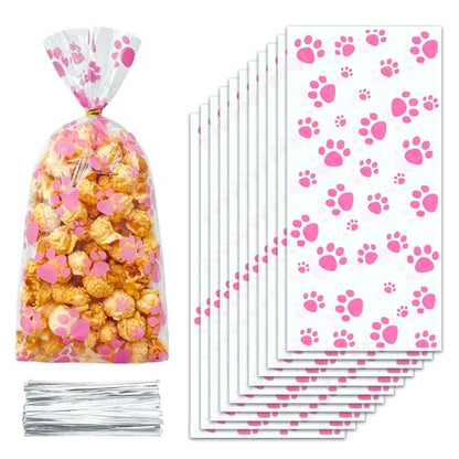 ZYLOP 100 Pcs Pink Dog Treat Bags - 5 x 11 Inch Clear Cellophane Dog Gift Bags with 110 Silver Twist Ties, Paw Print Bags for Pet Treats, Cat Treats, Candy, Cookies & Party Favors - color: Pink Paw 100pcs