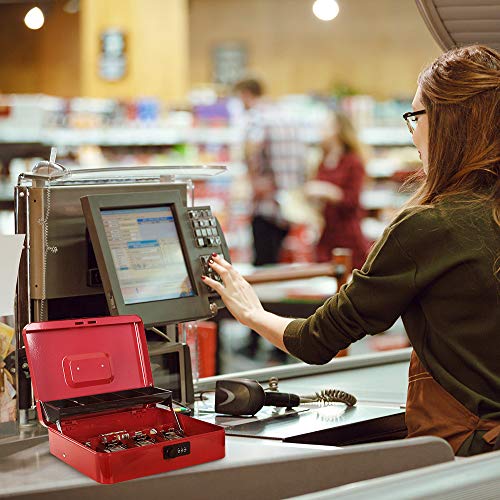 Cash Box with Money Tray and Combination Lock, Metal Money Box for Cash Register, Tiered Lock Box for Money 11.8" x 9.4" x 3.54" Red - color: Red with Combination Lock